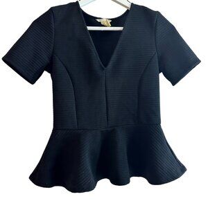 Black Ribbed V-Neck Peplum Top – Short Sleeve, Size 2